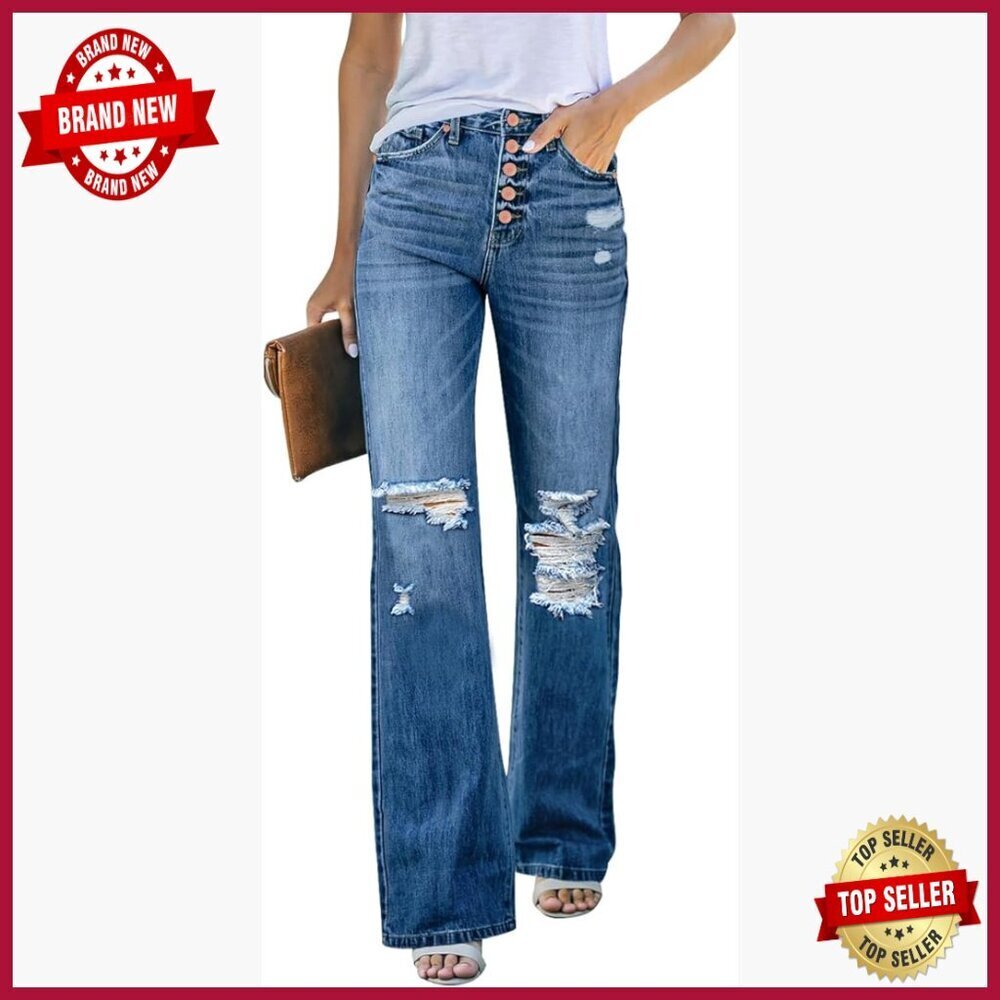 High Waisted Ripped Flare Jeans Distressed Bell Bottom Wide Leg Pants